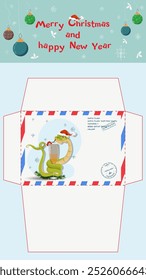 A postal envelope for Santa Claus, a symbol of the new year snake with a glass of drink