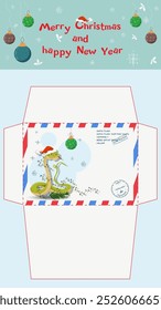 A postal envelope for Santa Claus, a symbol of the new year, a snake wrapped in a garland