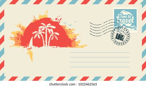 Postal envelope with stamp and rubber stamp. Illustration on the theme travel landscape with palm trees, surfer and island at sunset and the inscription Time to travel