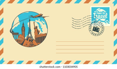 Postal envelope with stamp and rubber stamp. Illustration on the theme of travel with architectural and historical sights, passenger aircraft and the words Time to travel