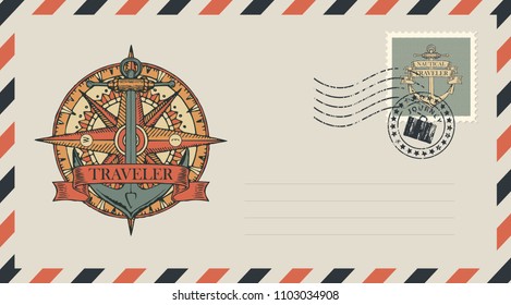 Postal envelope with stamp and rubber stamp. Illustration on the theme of travel, adventure and discovery with a ship anchor, wind rose, old nautical compass and ribbon with word Traveler