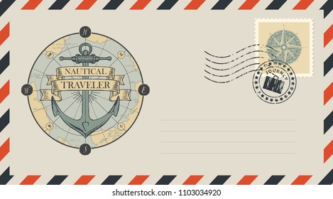 Postal envelope with stamp and rubber stamp. Illustration on the theme of travel, adventure and discovery with a ship anchor, old map, compass and ribbons with words Nautical, Traveler