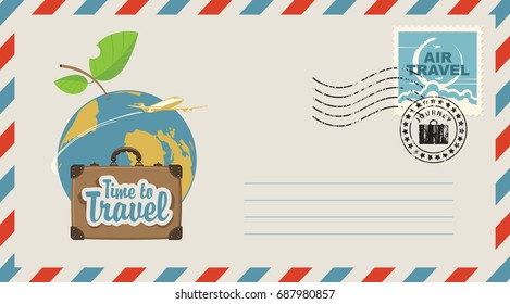 Postal envelope with stamp and rubber stamp. Illustration on the theme of travel with a suitcase, passenger plane, the planet earth in the form of an Apple and the inscription Time to travel