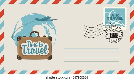 Postal envelope with stamp and rubber stamp. Illustration on the theme of travel with a suitcase, passenger plane, the planet earth and the inscription Time to travel