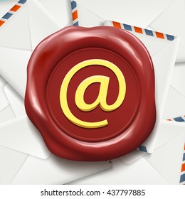 Postal envelopes. E-mail sign on the wax seal. Stock vector illustration.