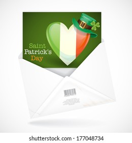 Postal Envelopes With Greeting Card. St. Patrick's Day. Irish Flag In The Shape Of A Heart. Vector Illustration. Eps 10.