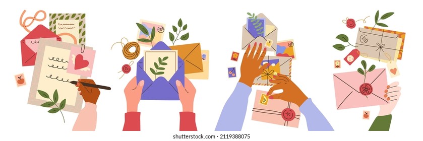 Postal envelopes with hands. Human arms write letters. Sign postcards and invitations. Glue postage stamps and put herbarium. Mail notes. Wax seals and leaves. Vector