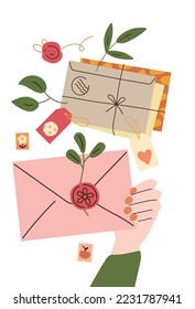 Postal envelopes with hands. Human arms writing letters. Woman signing postcards and invitations. Wax seals and plant leaves. Postage stamps. Post correspondence. Vector