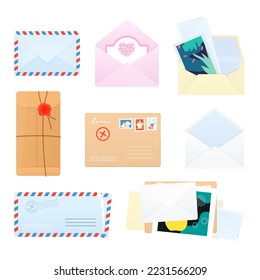 Postal envelopes and parcels - flat design style objects set. High quality images of letters, envelopes and paper messages, both personal and formal. Postcard, communication, keep in touch idea