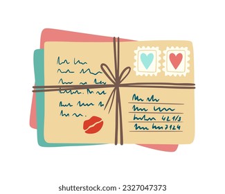 Postal envelopes tied with rope, twine. Postal envelope with heart and kiss. Postage stamp with heart on envelope. Design for greeting card, print, sticker, pattern. Illustration for valentine's day.
