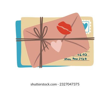 Postal envelopes tied with rope, twine. Postal envelope with heart and kiss. Postage stamp with heart on envelope. Design for greeting card, print, sticker, pattern. Illustration for valentine's day.