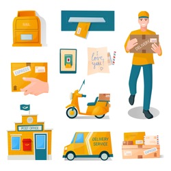Postal Fast Free Service Delivery Of Parcels, Correspondence, Letters, Parcels. Man Delivery, Man With A Box. Post Office, Mail Transport, Boxes, Envelopes, A Box, A Smartphone. Vector Cartoon Flat