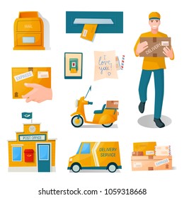 Entrega rápida y gratuita de paquetes, correspondencia, cartas, paquetes. Hombre de parto, hombre con caja. Correos, correo, cajas, sobres, una caja, un smartphone. Plano de caricatura del vector