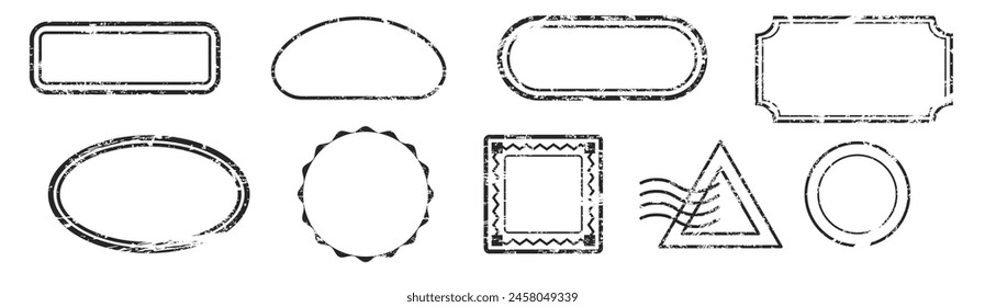 Postal frame stamps set. Blank geometric correspondence with fast delivery and envelope sticker with vintage print design and address vector stamp