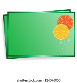 postal of green color with the image of pieces of orange and drops of water