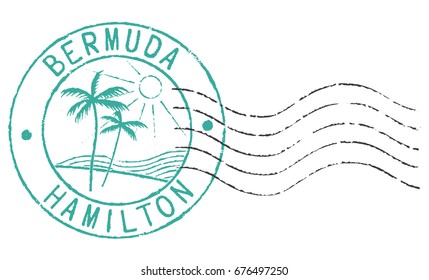 Postal grunge stamp ''Bermuda - Hamilton''. White background.