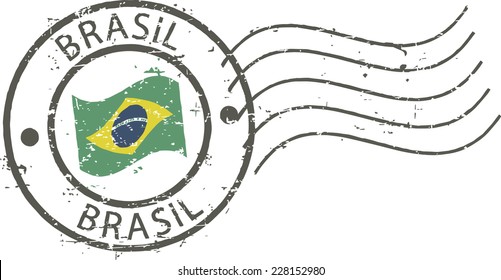 Postal grunge stamp 'Brazil'. Brazilian flag in the middle.