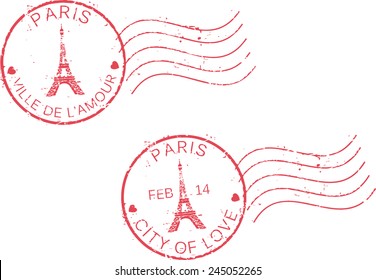 Postal grunge stamps 'Paris-city of love'.St. Valentine's day concept. French and english inscription.