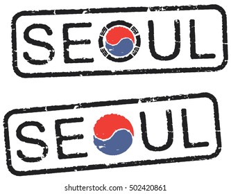 Postal grunge stamps 'Seoul'-capital city of South Korea. Yin Yang (Unity within diversity) - korean national symbol.