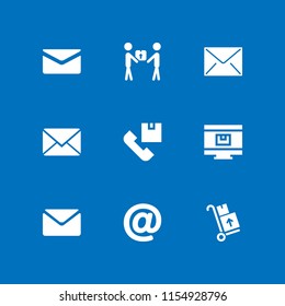 postal icon. 9 postal set with delivery packages on a trolley, close envelope, delivery worker giving a box to a receiver and mail vector icons for web and mobile app