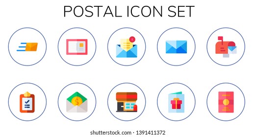 postal icon set. 10 flat postal icons.  Collection Of - express mail, delivery, postcard, mail, post office, mailbox