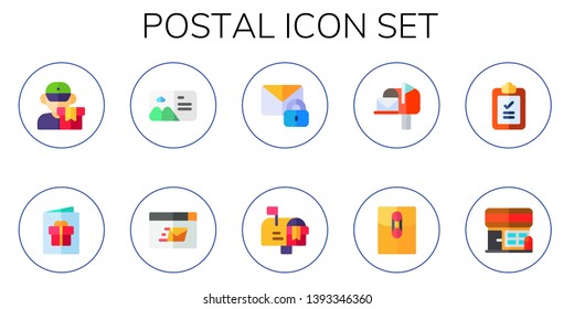 postal icon set. 10 flat postal icons.  Collection Of - delivery, postcard, mailing, mail, mailbox, mailed, post office