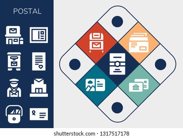 postal icon set. 13 filled postal icons.  Collection Of - Postcard, Postman, Envelope, Post office, Mail box, Love letter, Postbox, Postal