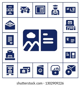  postal icon set. 17 filled postal icons.  Simple modern icons about  - Postcard, Envelope, Love letter, Post office, Mail box, Mail truck, Postal, Postman, Sent