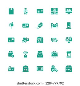 postal icon set. Collection of 25 filled postal icons included Delivery, Mail truck, Postcard, Mail box, Envelope, Letterbox, Post office, Postman
