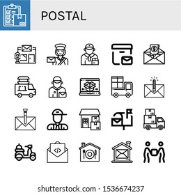 postal icon set. Collection of Delivery, Post office, Postwoman, Deliveryman, Postal delivery, Mail, Food delivery, Postman, Shipping and Envelope, Mailbox, Home icons