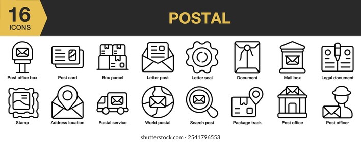 Postal icon set. Includes address location, box parcel, document, letter post, mail box, and More. Outline icons vector collection.