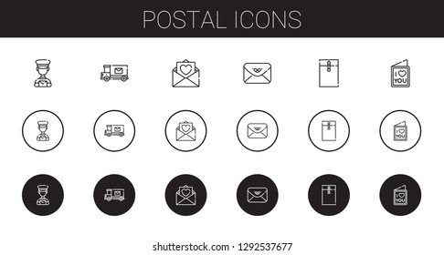 postal icons set. Collection of postal with postman, mail truck, love letter, envelope. Editable and scalable postal icons.