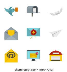 Postal icons set. Flat style set of 9 postal vector icons for web design
