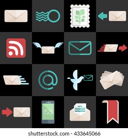 Postal items, essentials, equipment, elements, communication tools flat icons. Post service symbols. Email icons. Colorful modern set. Concepts for web and mobile apps. Flat design vector illustration