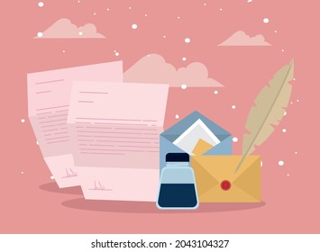 postal letters and ink with feather