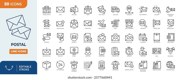 Postal line editable icon set.	
