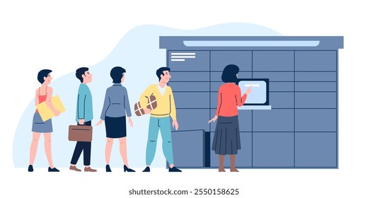Postal locker. Waiting line to postomat. People receive and send parcels, stand in queue with boxes. Post self service terminal, recent vector scene