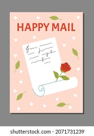 Postal mail card with handwritten romantic paper letter and red rose. Message of love, greeting with valentine day or invitation to holiday. Flat cartoon vector illustration