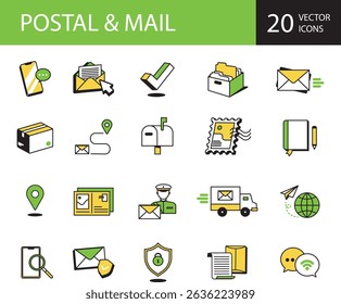 Postal and mail concept. Illustration concept. Mail, courier, packing, shipping, telephone, stamp, postcard