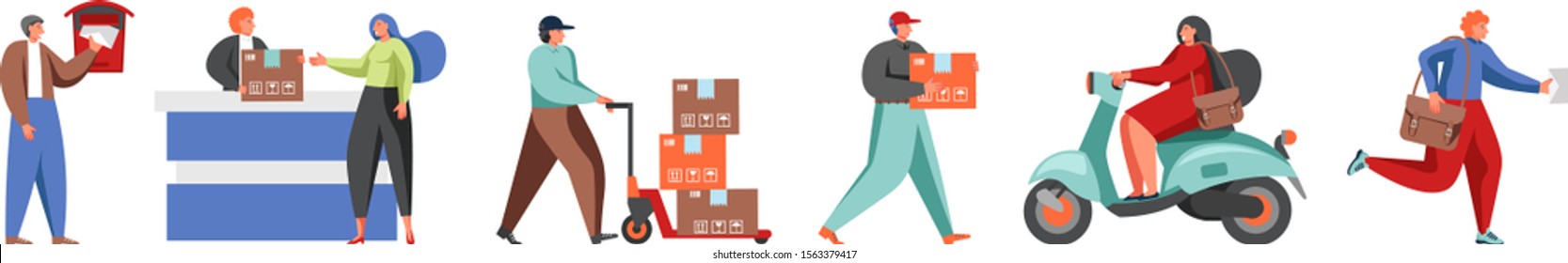 Postal mail delivery service male and female cartoon characters, vector flat illustration isolated on white background. People delivering, receiving and sending parcels and correspondence.