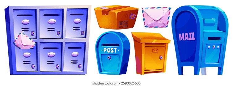 Postal mail delivery set - bright colored street and wall postboxes and mailboxes, apartment lockers, letter in envelope and parcel cardboard container. Correspondence and package shipping elements.