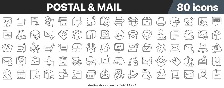 Postal and mail line icons collection. Big UI icon set in a flat design. Thin outline icons pack. Vector illustration EPS10