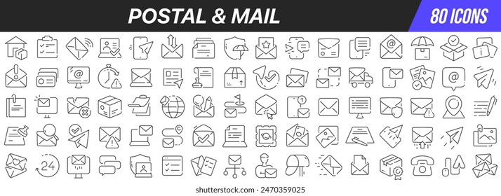 Postal and mail line icons collection. Big UI icon set in a flat design. Thin outline icons pack. Vector illustration EPS10