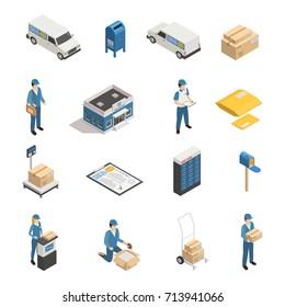 Postal mail shipping service isometric icons set with post office parcels mailman and postoffice box isolated vector illustration 