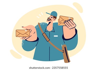 Postal man holds envelopes with letters, working as mail courier for state postal company. Happy guy in kpek and postman uniform brought letter with important information for recipient