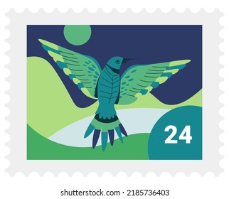 Marca postal con animal aviar, colibri de ave exótica con pequeñas alas. Correspondencia y recogida de marcas postales, etiquetas o sellos para sobres. Sello con precio, dibujo de arte. Vector de estilo plano