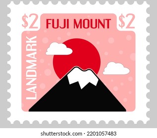 Marca postal con el paisaje del monte Fuji, un punto de referencia aislado en Japón. Cultura japonesa y turismo en pedazos de papel. Postmark o tarjeta, pieza aislada de papel con precio. Vector de estilo plano