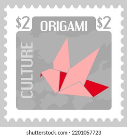 Postal mark with origami bird or crane. Hobby of folding paper and making figures. Japanese culture and traditions. Postmark or card, isolated piece of paper with price. Vector in flat style