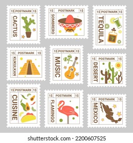 Postal mark set with colorful mexican element. Postage stamp collection with flat tequila, sombrero, flamingo, vector illustration. National decoration at sticker, cactus, kukulkan and cuisine