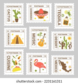 Postal mark set with colorful mexican element. Postage stamp collection with flat tequila, sombrero, flamingo, vector illustration. National decoration at sticker, cactus, kukulkan and cuisine